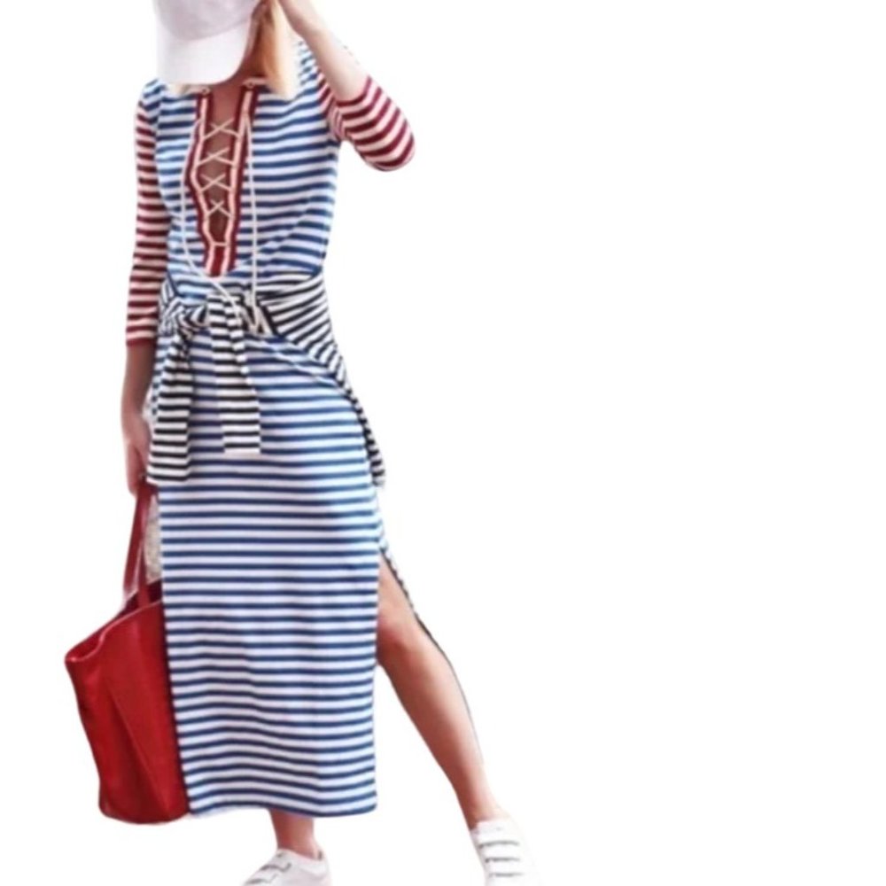 J. Crew Sammie Stripe Lace Up Maxi Dress Size S Stretch Slits‎ Pullover Red